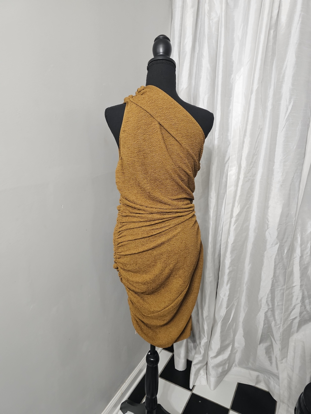 One-Shoulder Brown Ruched Rope-Trim Mini Dress - Picture 3 of 3